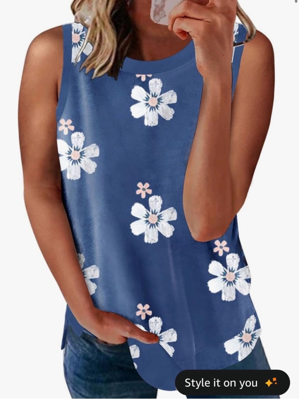 Blue Floral Sleeveless Tank Top Casual Summer Blouse Size M